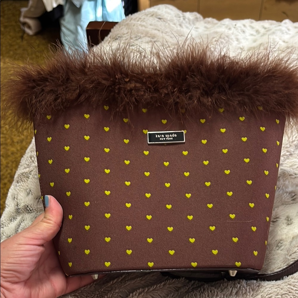 Kate Spade Brown Heart Print Bag with Fur Trim